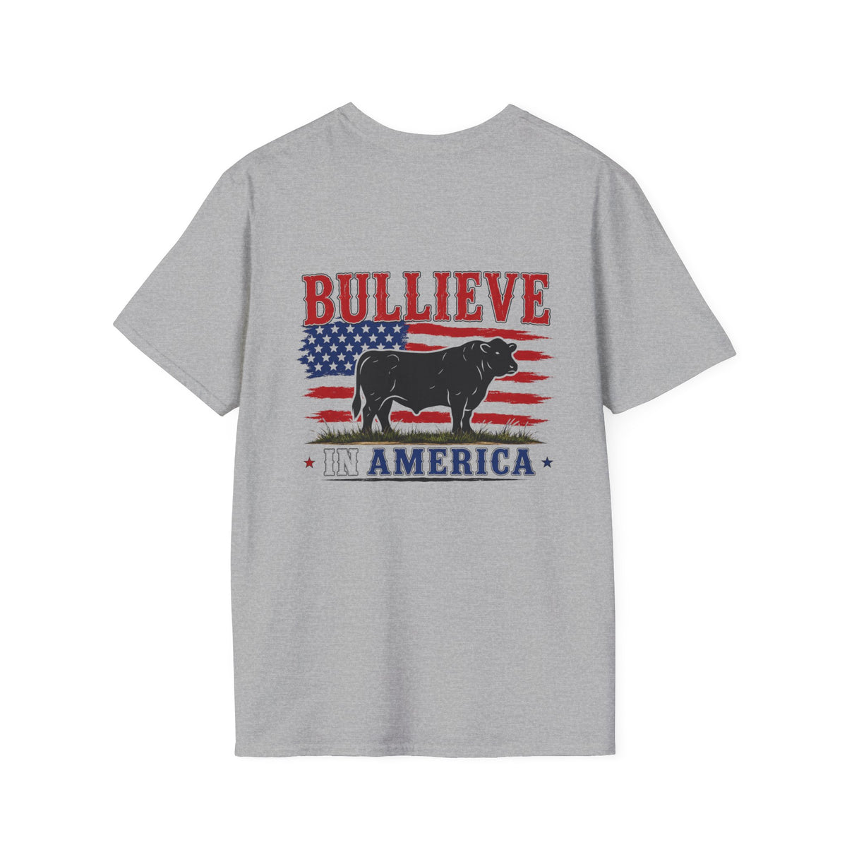 BULLIEVE in America Bullshirt – Patriotic Bull Front and Back Graphic Tee