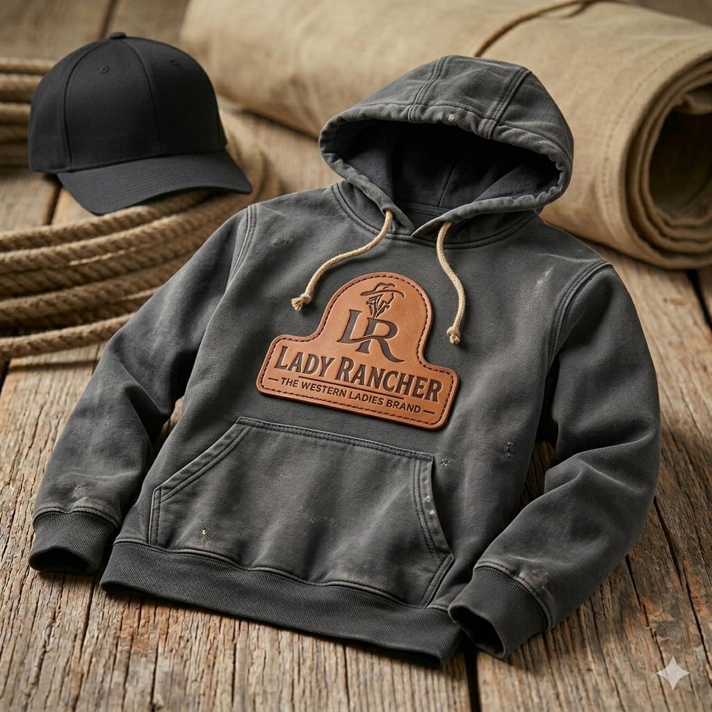 Lady Rancher Western Leather Patch Hoodie – Charcoal Workwear Pullover