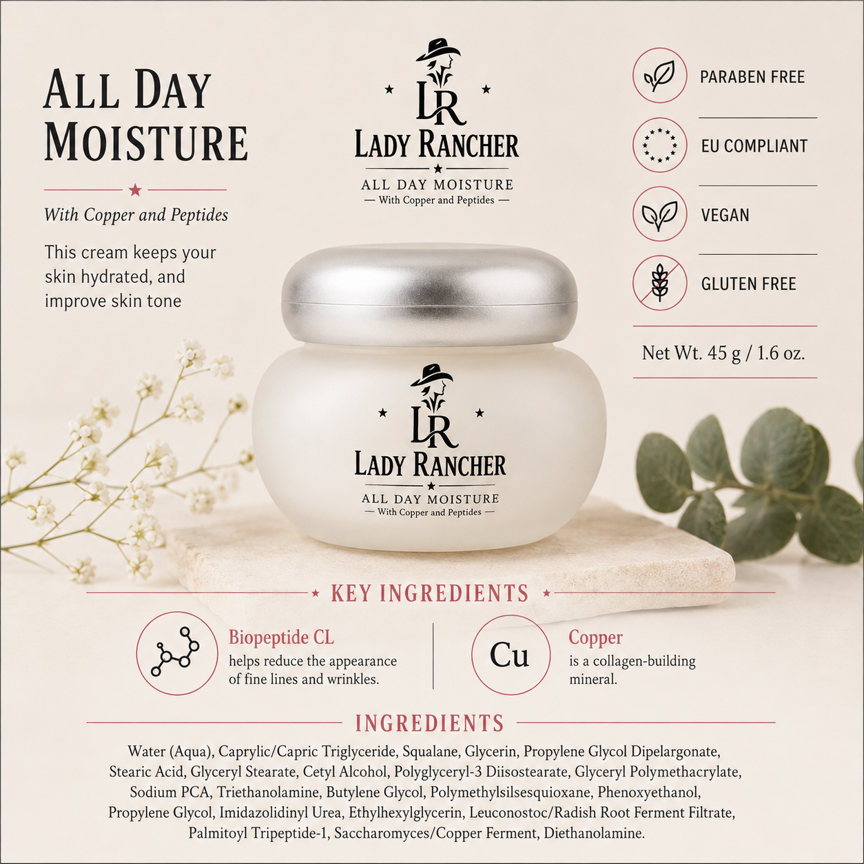 Lady Rancher All Day Moisture | Hydrating Face Cream with Copper & Biopeptide CL