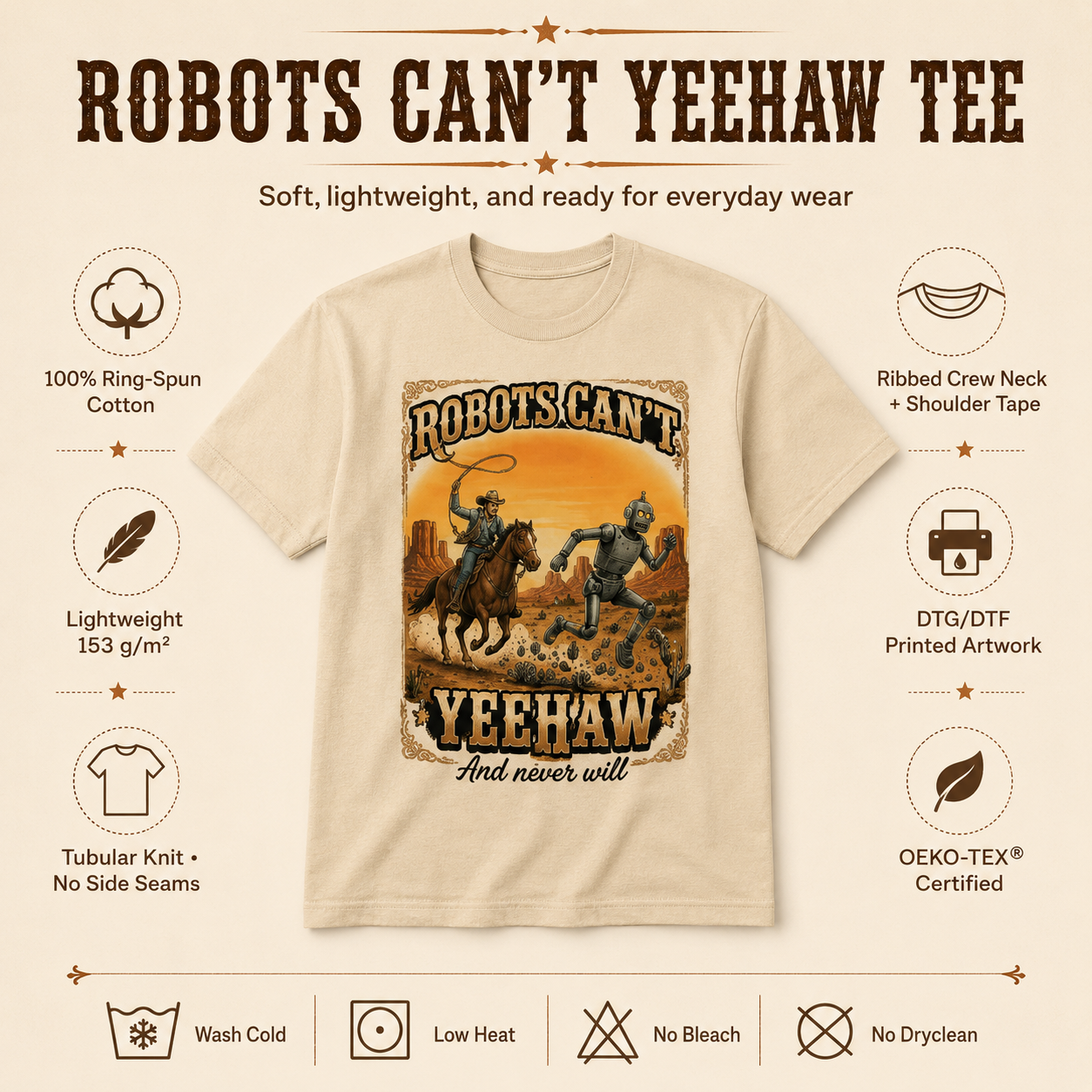 Robots Can't Yeehaw T-Shirt | Cowboy Robot Western Graphic Tee