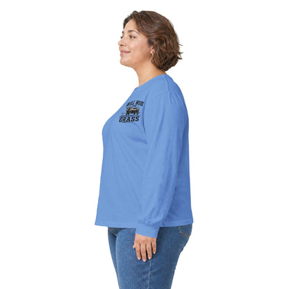 Long Sleeve Tee — "Will Work for Grass" Farm Cow Shirt