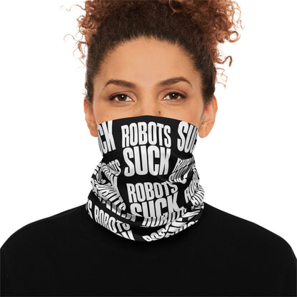 Neck Gaiter — Black "ROBOTS SUCK" Bold Repeat Pattern