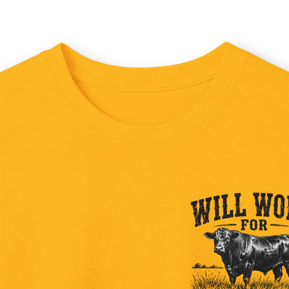 Long Sleeve Tee — "Will Work for Grass" Farm Cow Shirt