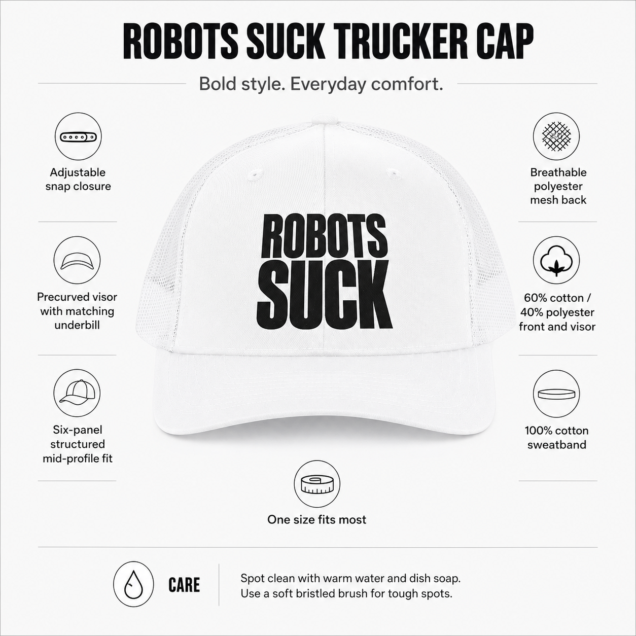 Robots Suck Trucker Cap — Bold Statement Snapback Hat