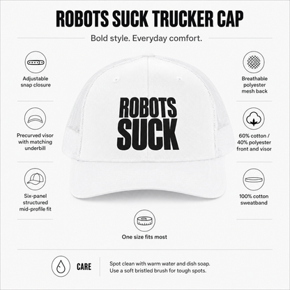 Robots Suck Trucker Cap — Bold Statement Snapback Hat