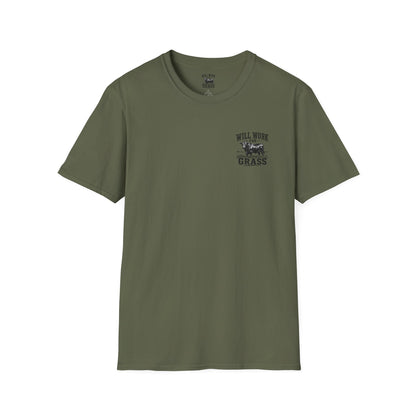 Will Work For Grass T‑Shirt — Funny Lawn Care Gardening Tee