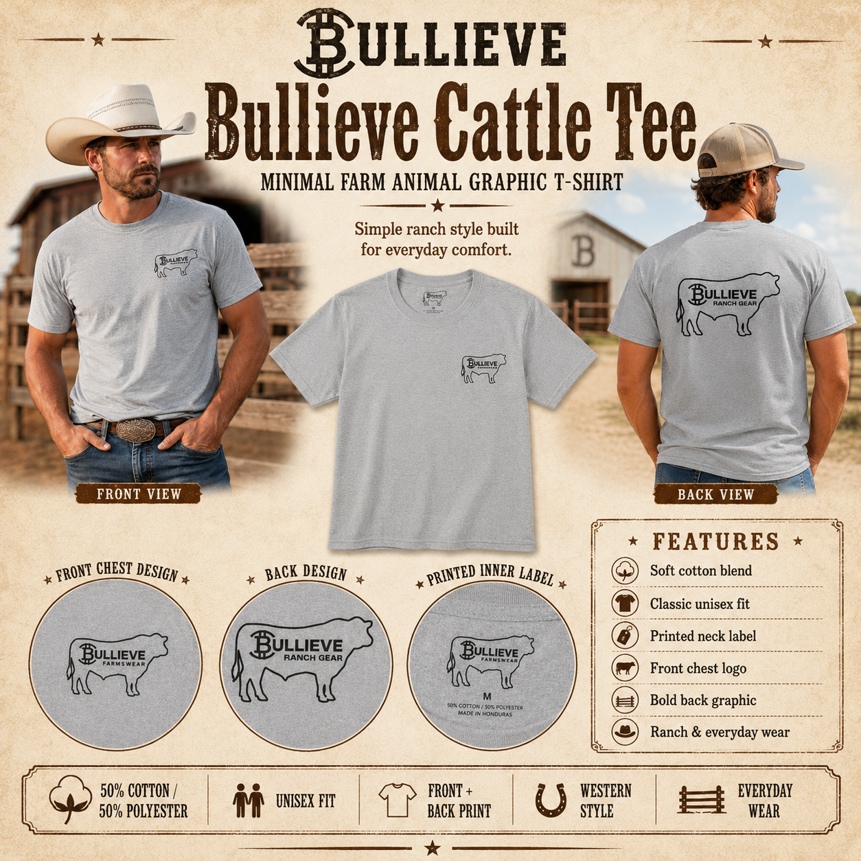 Bullieve Cattle Tee — Minimal Farm Animal Graphic T-Shirt