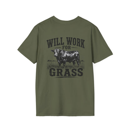 Will Work For Grass T‑Shirt — Funny Lawn Care Gardening Tee