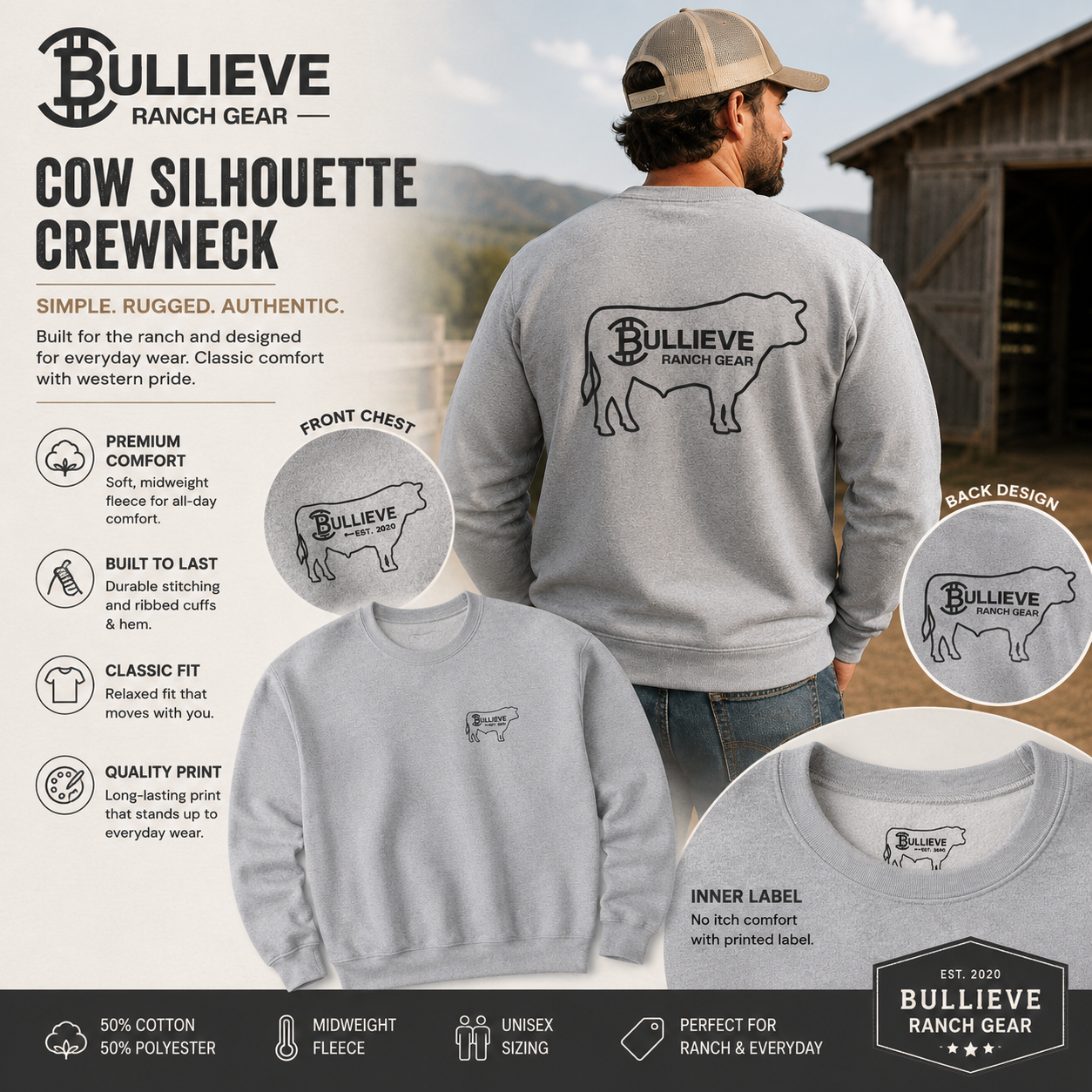 Bullieve Ranch Gear Sweatshirt — Cow Silhouette Logo Crewneck
