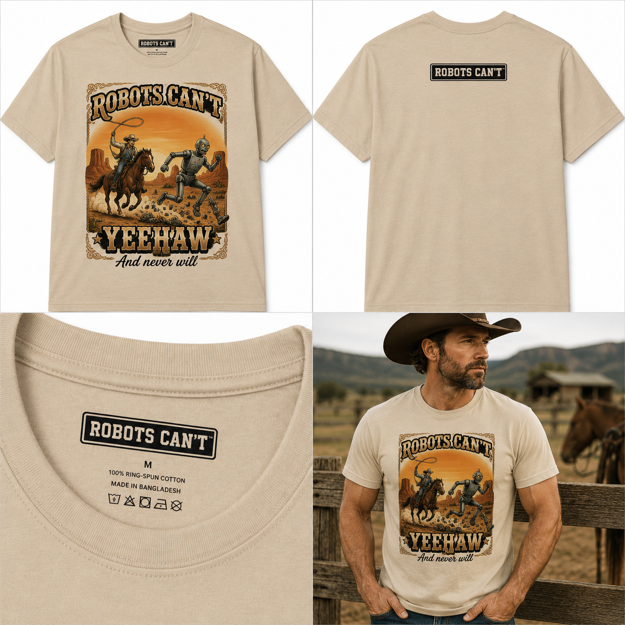 Robots Can't Yeehaw T-Shirt | Cowboy Robot Western Graphic Tee