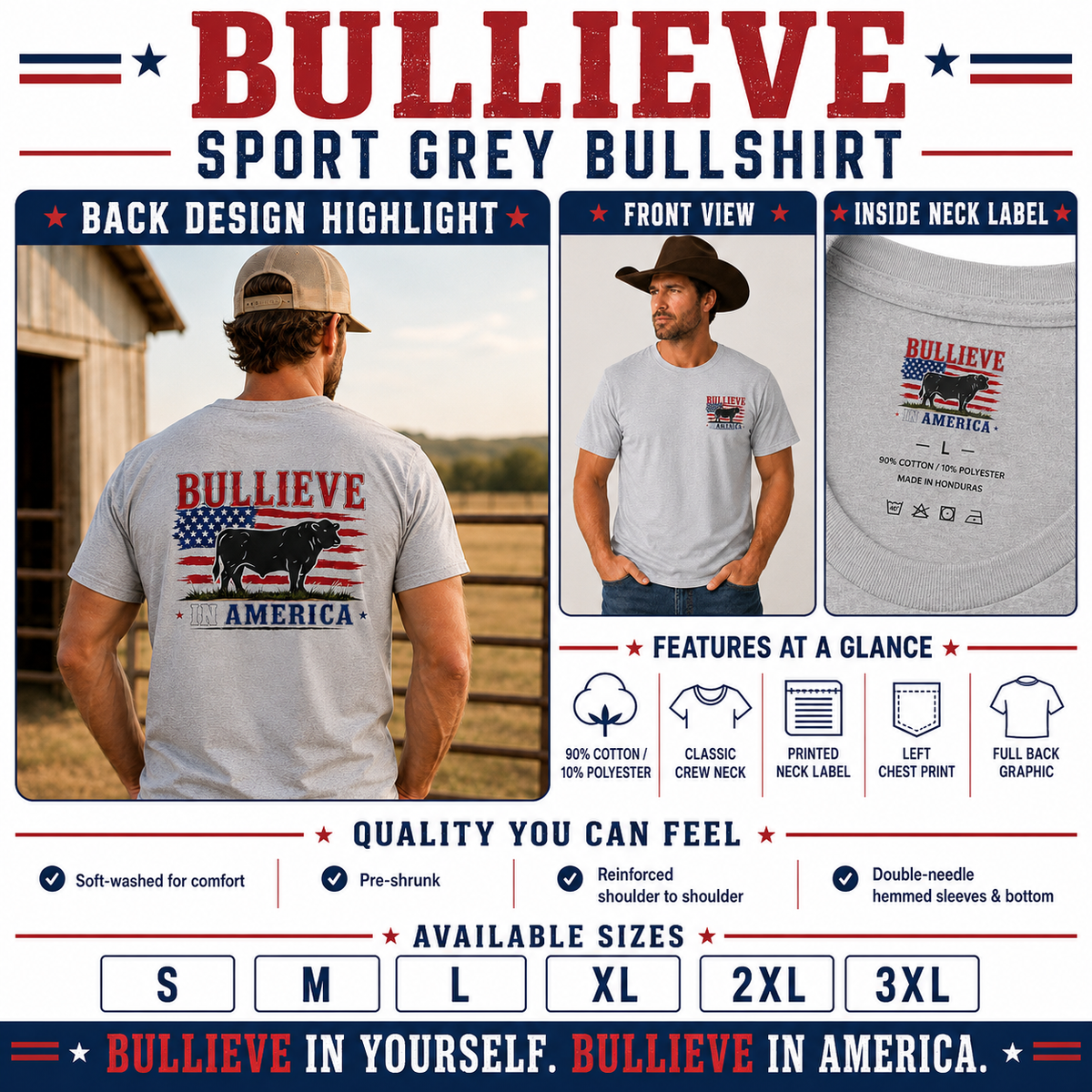 BULLIEVE in America Bullshirt – Patriotic Bull Front and Back Graphic Tee