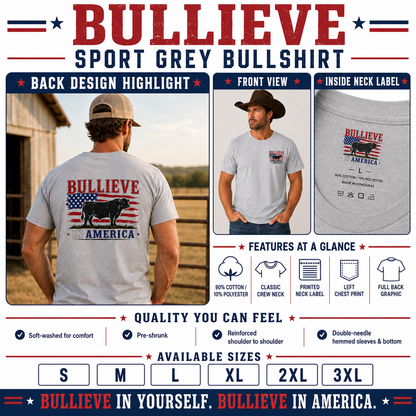 BULLIEVE in America Bullshirt – Patriotic Bull Front and Back Graphic Tee