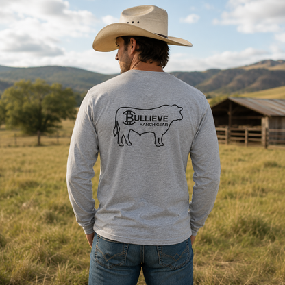 Bullieve Ranch Gear Long Sleeve Tee — Western Cow Silhouette Shirt