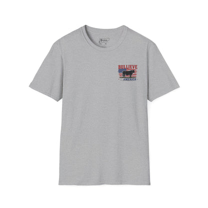BULLIEVE in America Bullshirt – Patriotic Bull Front and Back Graphic Tee