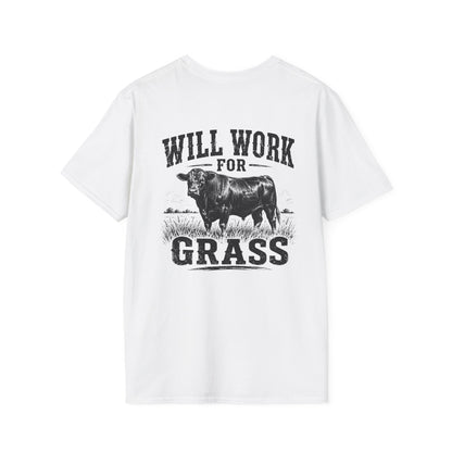 Will Work For Grass T‑Shirt — Funny Lawn Care Gardening Tee