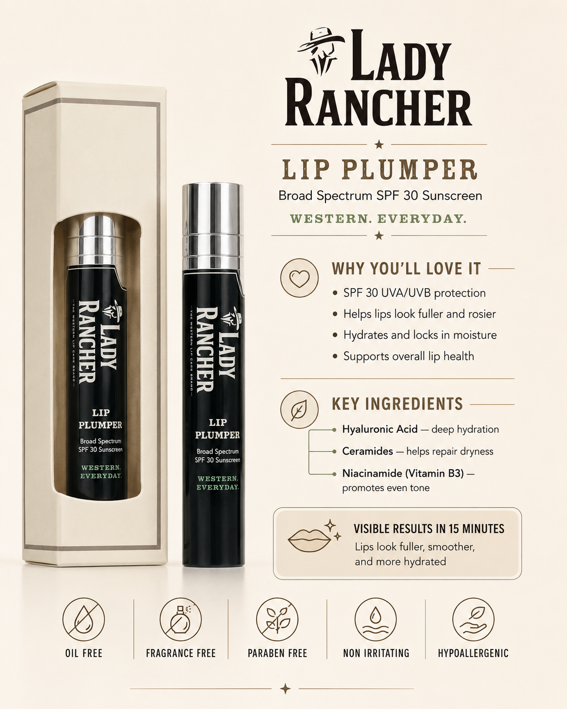 Lady Rancher Lip Plumper SPF 30 – Hydrating Broad Spectrum Lip Treatment