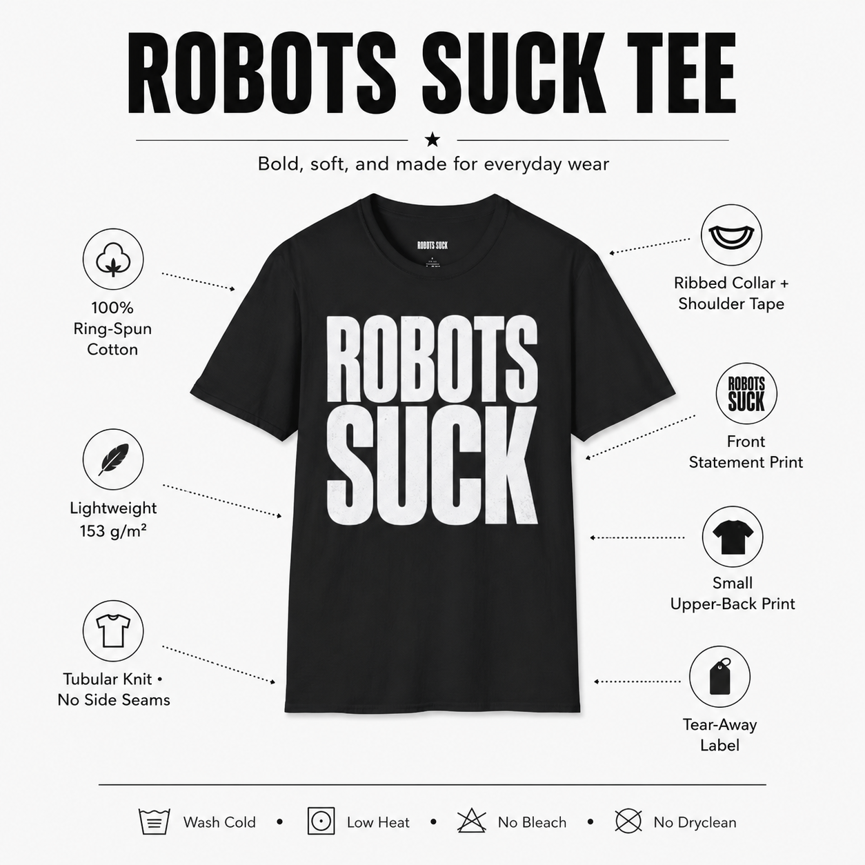 ROBOTS SUCK Graphic T-Shirt for Men & Women – Bold Statement Tee for Tech Skeptics, Lightweight Unisex Casual Shirt