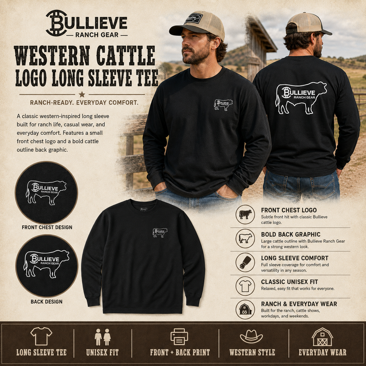 Bullieve Ranch Gear Long Sleeve Tee - Western Cattle Logo Shirt