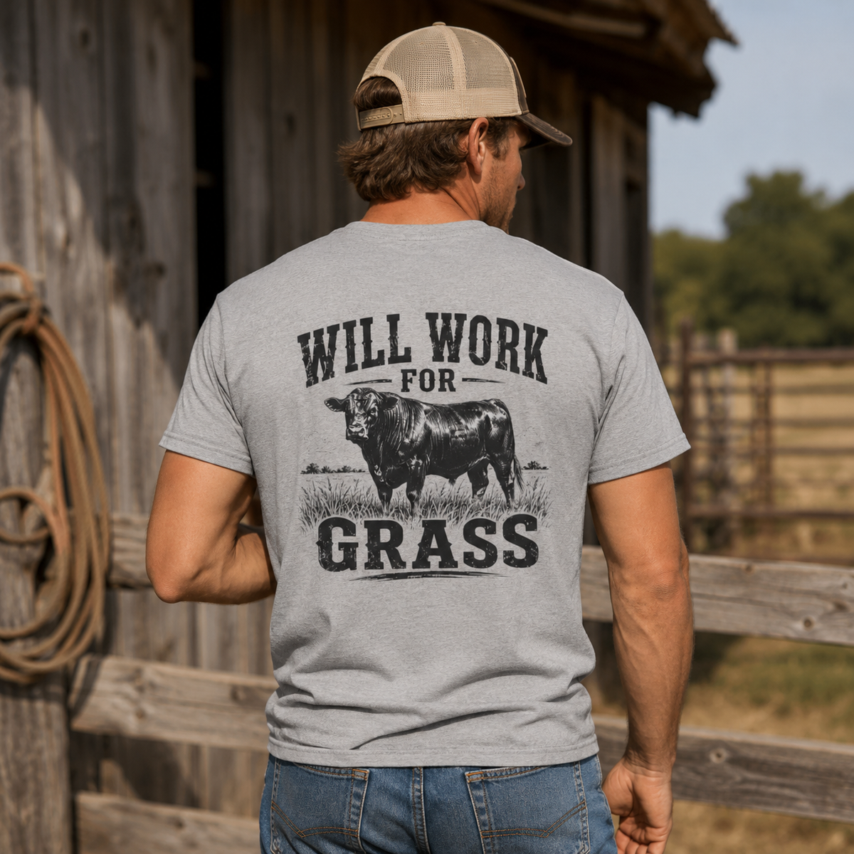 Will Work for Grass Bullshirt – Funny Ranch Bull Front and Back Graphic Tee