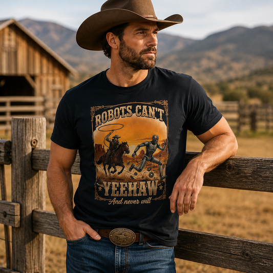Robots Can't Yeehaw T-Shirt | Cowboy Robot Western Graphic Tee