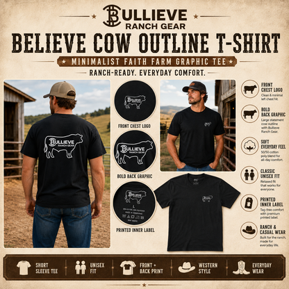 Believe Cow Outline T‑Shirt — Minimalist Faith Farm Graphic Tee
