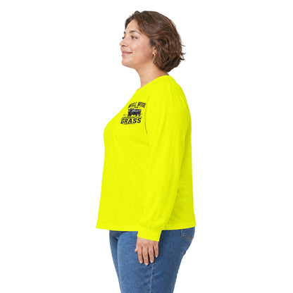 Long Sleeve Tee — "Will Work for Grass" Farm Cow Shirt