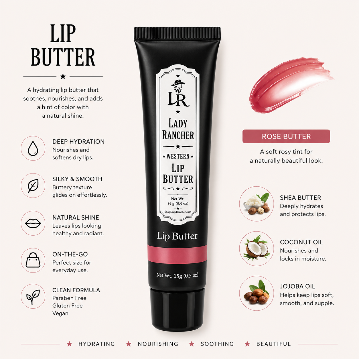 Lady Rancher™ Rose Butter Lip Butter | Hydrating Vegan Lip Balm with Soft Rosy Tint
