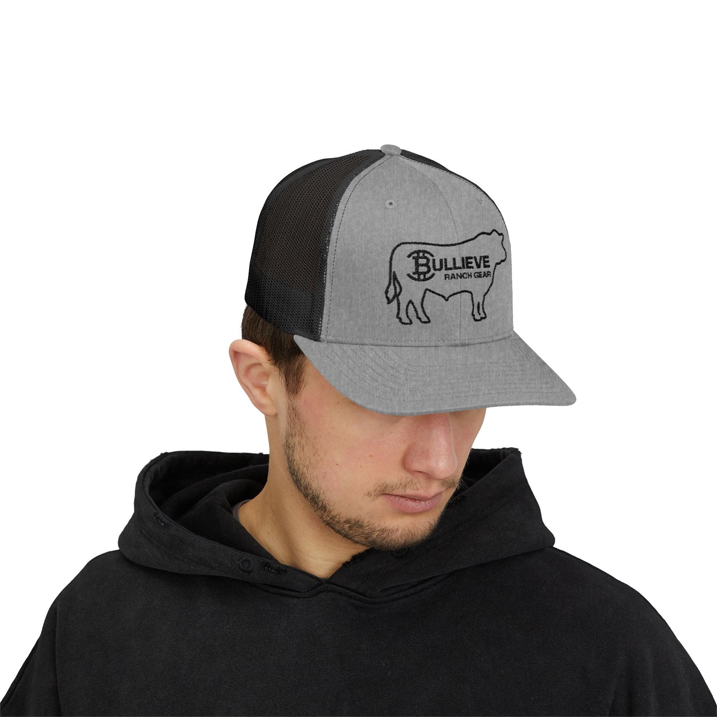 BULLIEVE Ranch Gear Bull Silhouette Trucker Cap | Embroidered Bull Logo Snapback