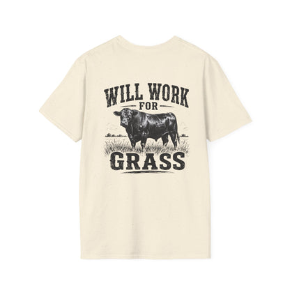 Will Work For Grass T‑Shirt — Funny Lawn Care Gardening Tee