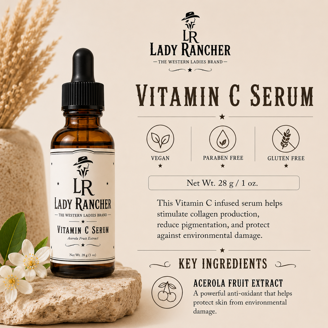 Lady Rancher Vitamin C Serum | Brightening Facial Serum with Acerola Fruit Extract