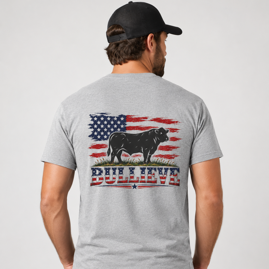 BULLIEVE American Bull Flag Tee – Patriotic Front and Back Graphic Shirt