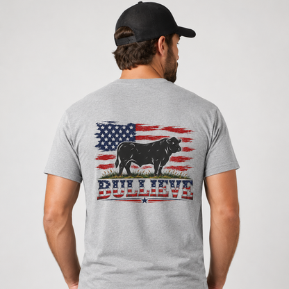 BULLIEVE American Bull Flag Tee – Patriotic Front and Back Graphic Shirt