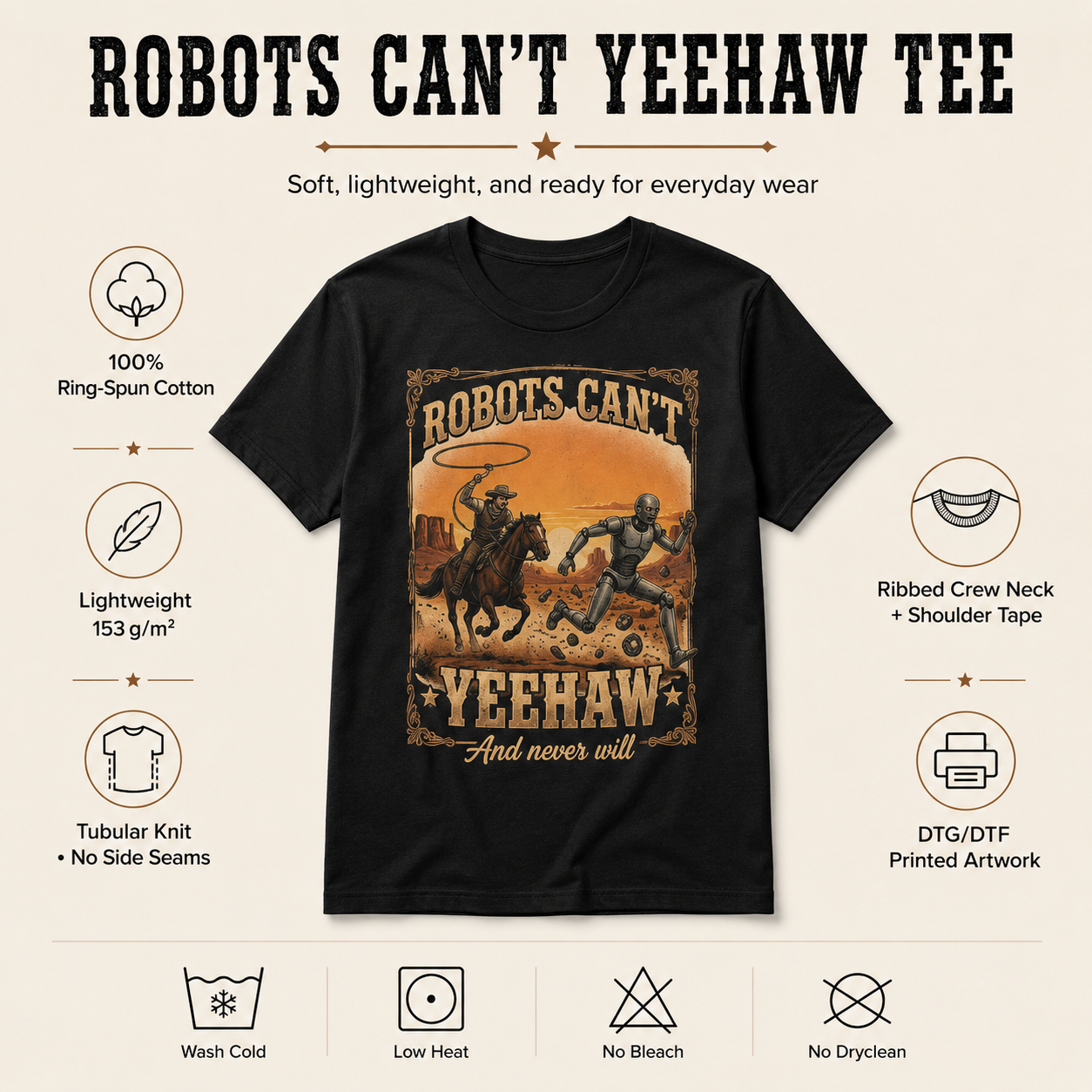 Robots Can't Yeehaw T-Shirt | Cowboy Robot Western Graphic Tee