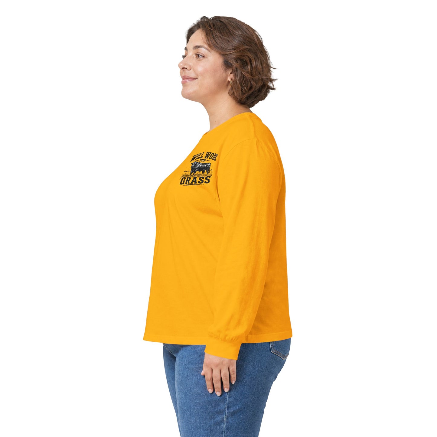 Long Sleeve Tee — "Will Work for Grass" Farm Cow Shirt
