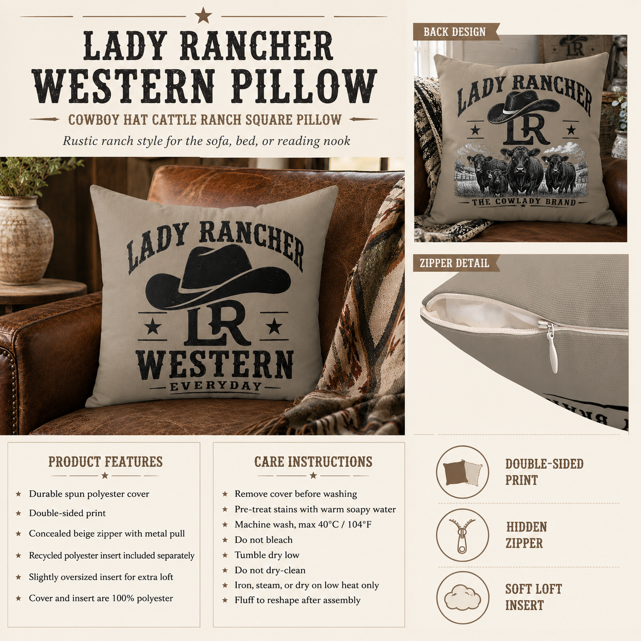Lady Rancher Western Pillow | Cowboy Hat & Cattle Ranch Décor