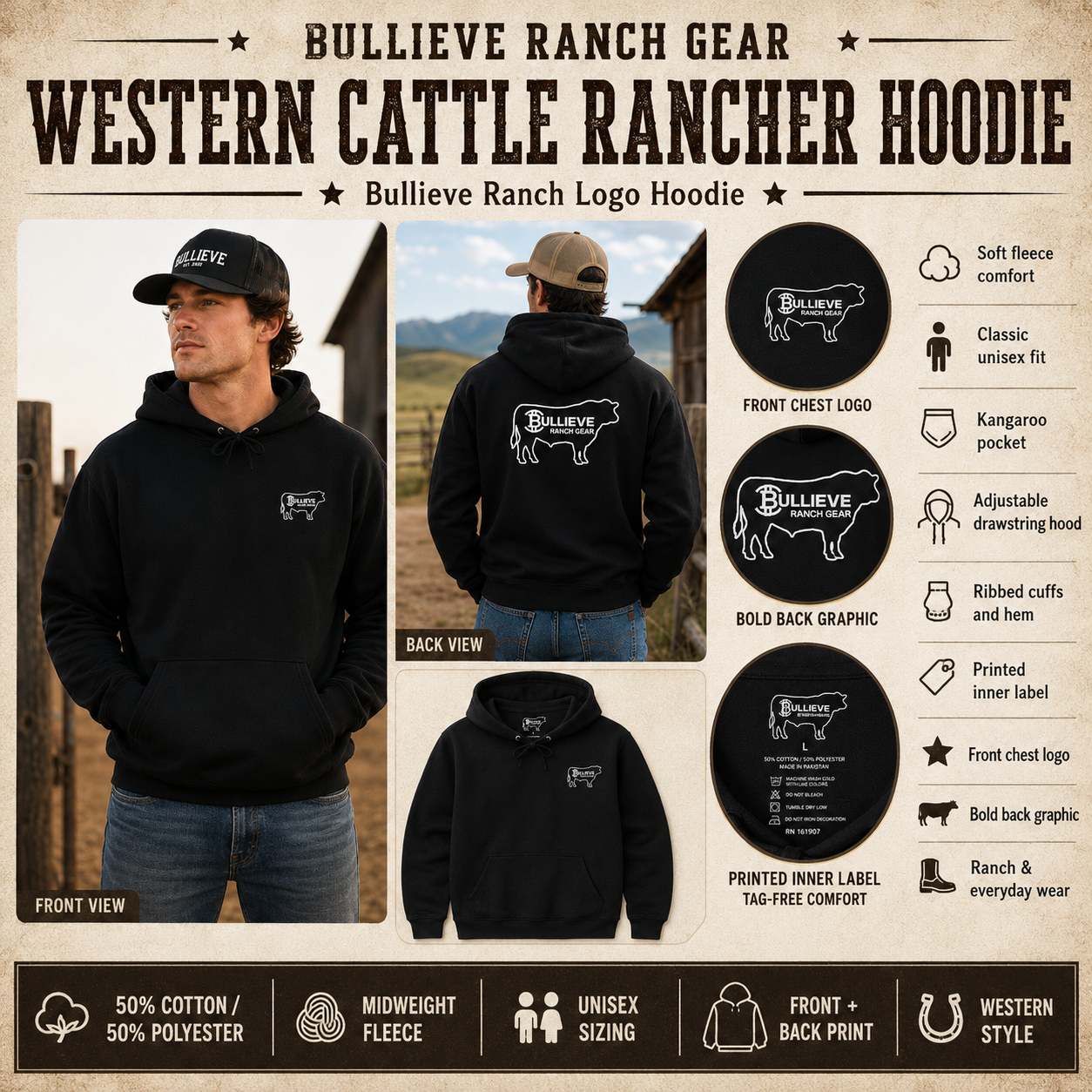 Bullieve Ranch Logo Hoodie — Western Cattle Rancher Sweatshirt