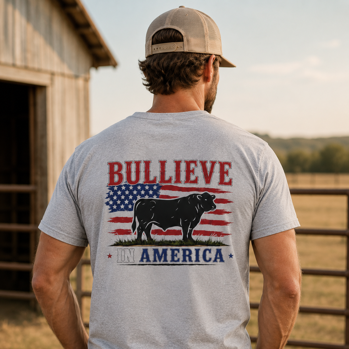 BULLIEVE in America Bullshirt – Patriotic Bull Front and Back Graphic Tee