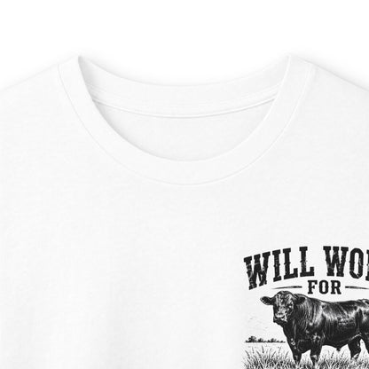 Long Sleeve Tee — "Will Work for Grass" Farm Cow Shirt
