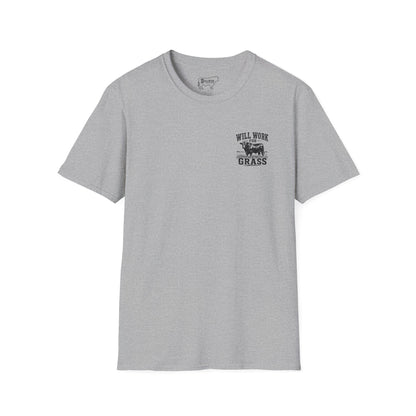 Will Work for Grass Bullshirt – Funny Ranch Bull Front and Back Graphic Tee