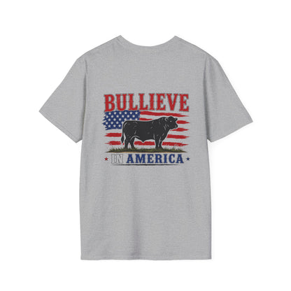 BULLIEVE in America Bullshirt – Patriotic Bull Front and Back Graphic Tee