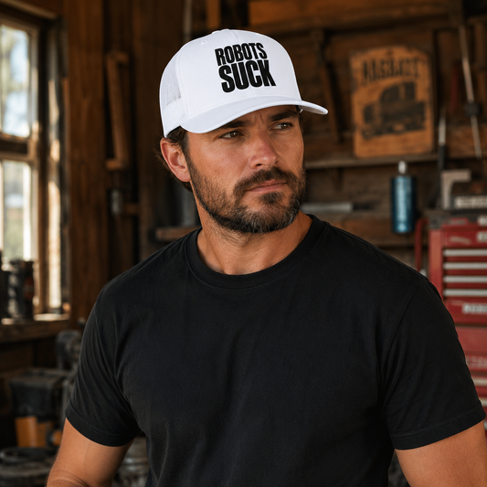 Robots Suck Trucker Cap — Bold Statement Snapback Hat