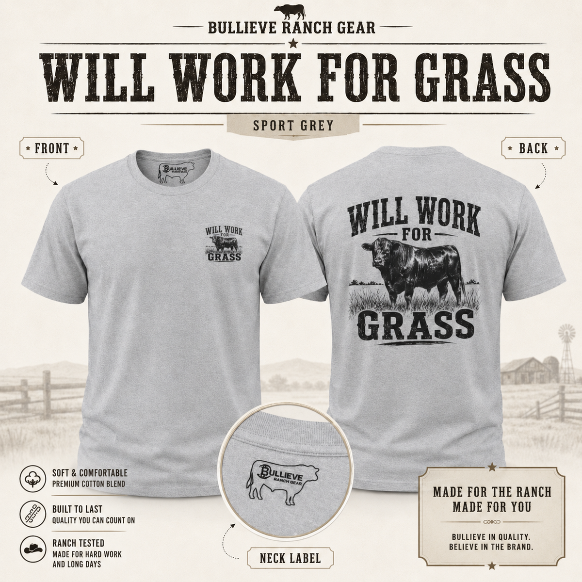 Will Work for Grass Bullshirt – Funny Ranch Bull Front and Back Graphic Tee