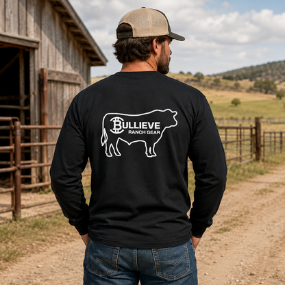 Bullieve Ranch Gear Long Sleeve Tee - Western Cattle Logo Shirt