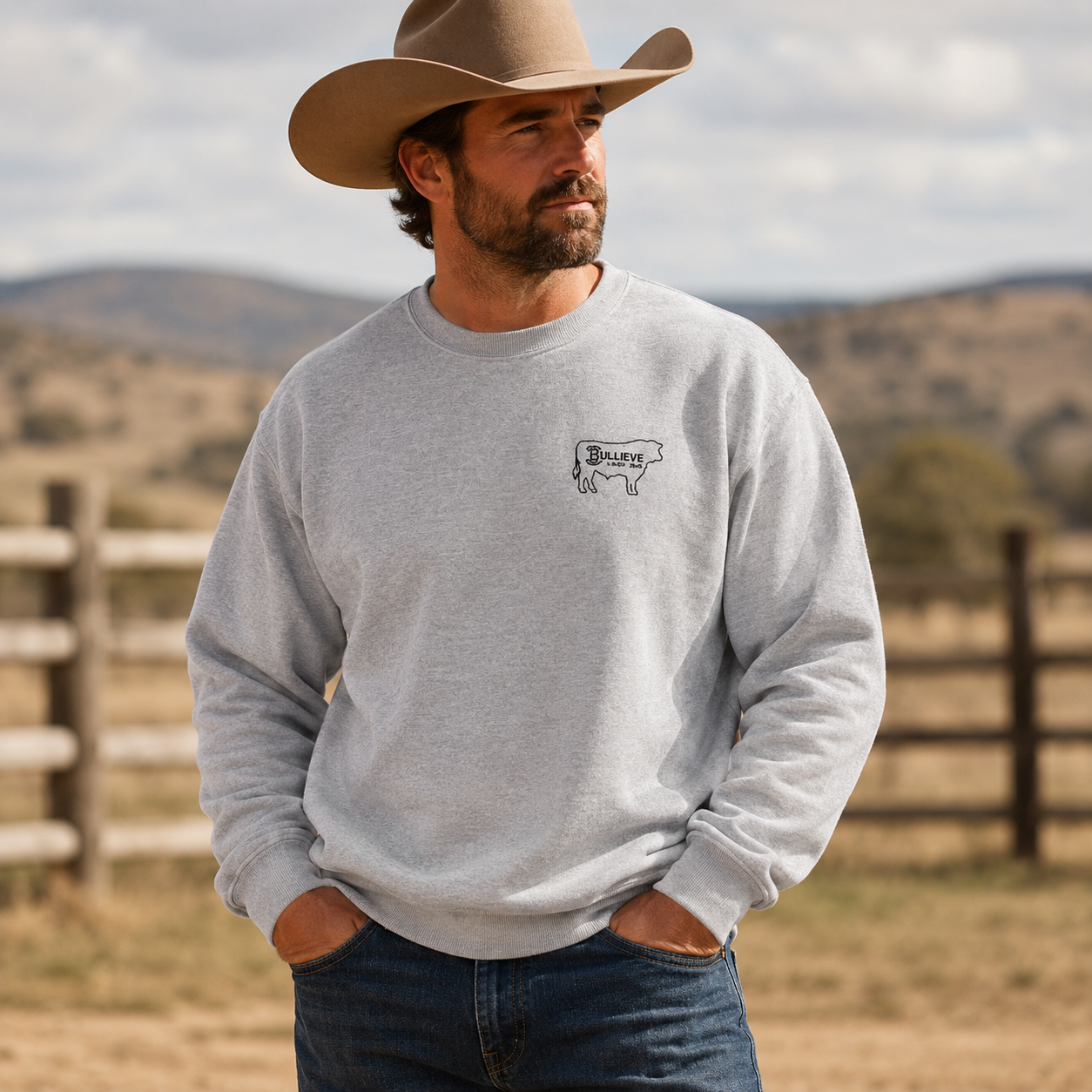 Bullieve Ranch Gear Sweatshirt — Cow Silhouette Logo Crewneck