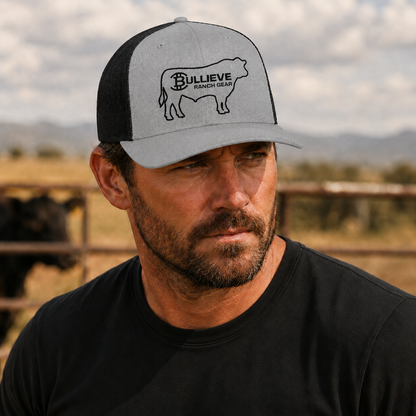 BULLIEVE Ranch Gear Bull Silhouette Trucker Cap | Embroidered Bull Logo Snapback
