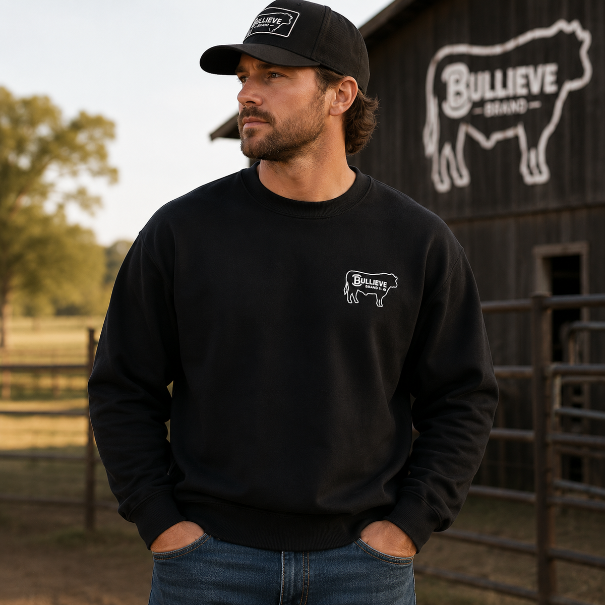 Bullieve Ranch Gear Crewneck Sweatshirt — Western Bull Logo Pullover