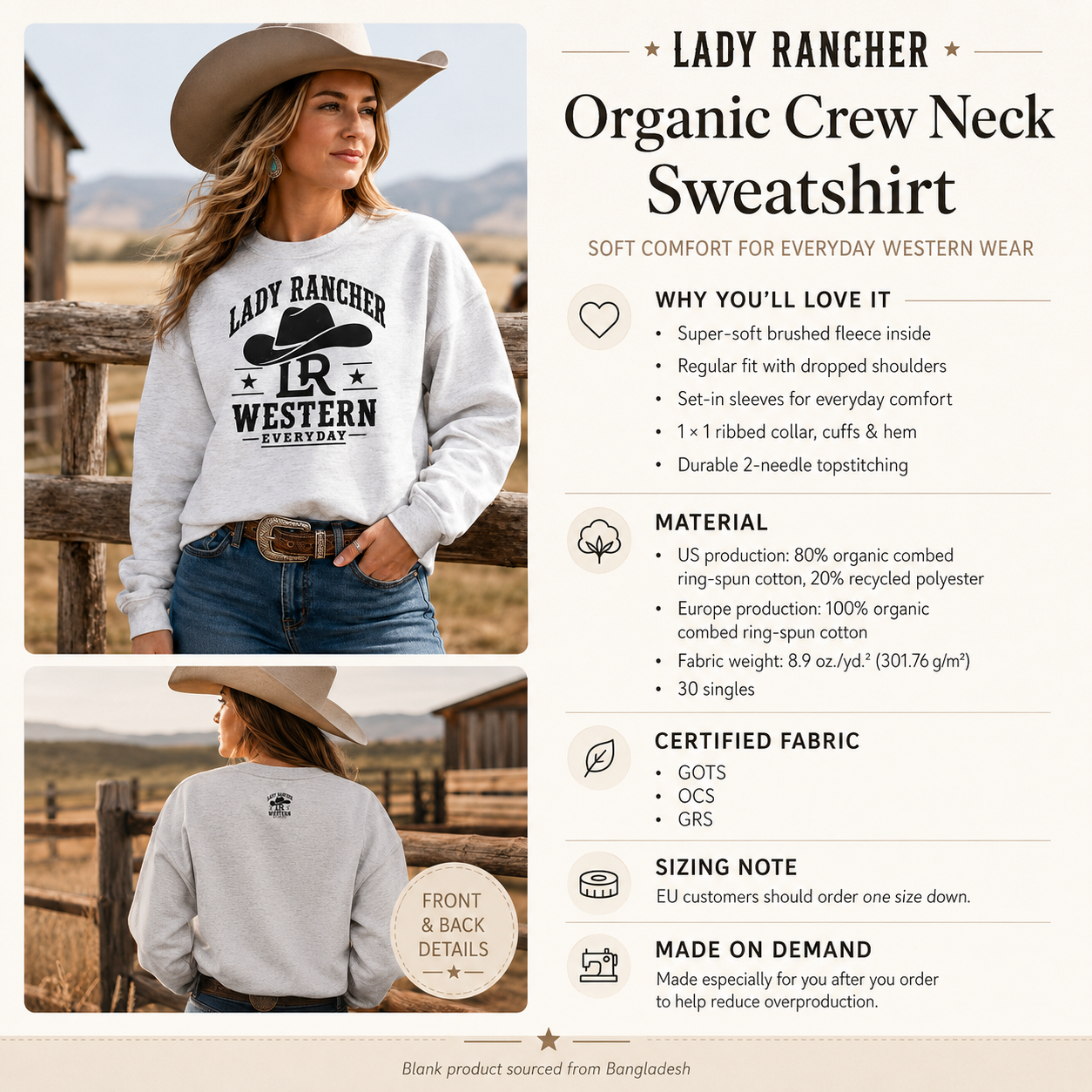 Lady Rancher Organic Sweatshirt | Western Cowgirl Crewneck