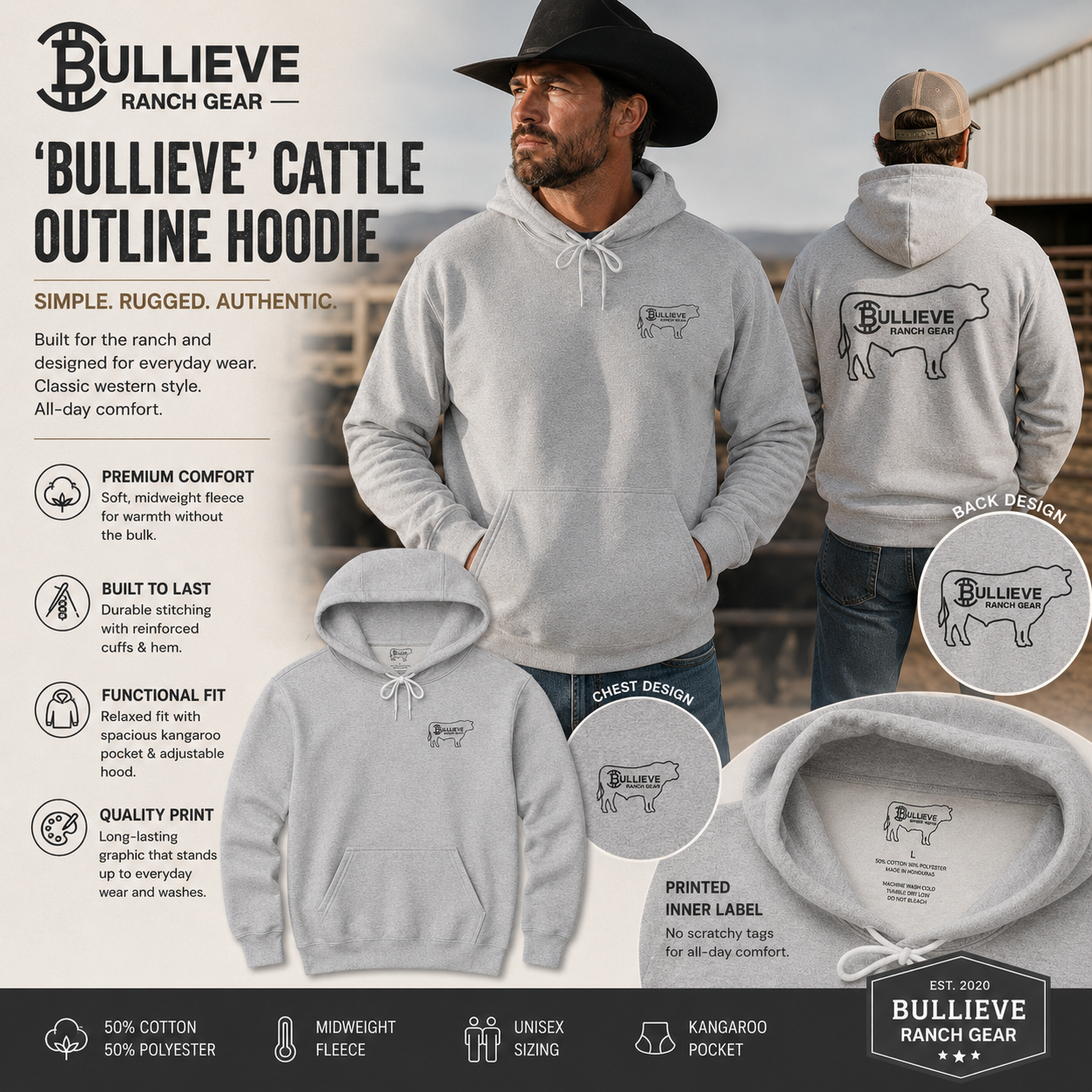 Bullieve Ranch Hoodie — 'Bullieve' Cattle Outline Graphic Hoodie