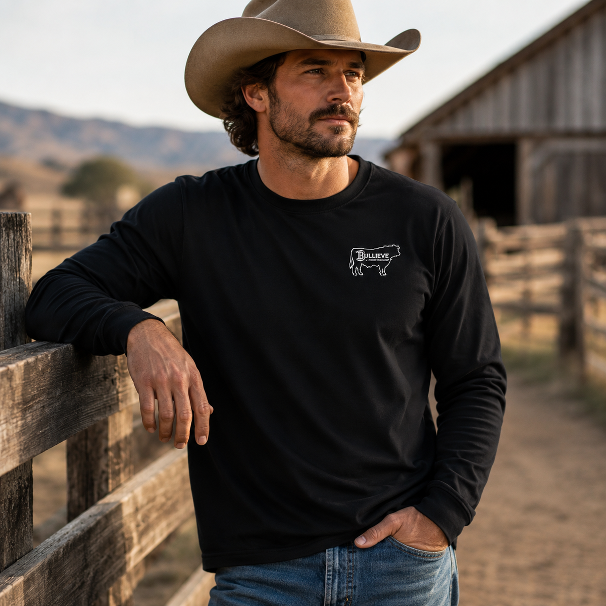 Bullieve Ranch Gear Long Sleeve Tee - Western Cattle Logo Shirt