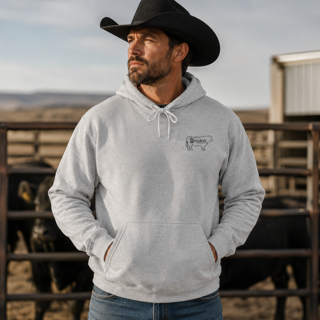 Bullieve Ranch Hoodie — 'Bullieve' Cattle Outline Graphic Hoodie
